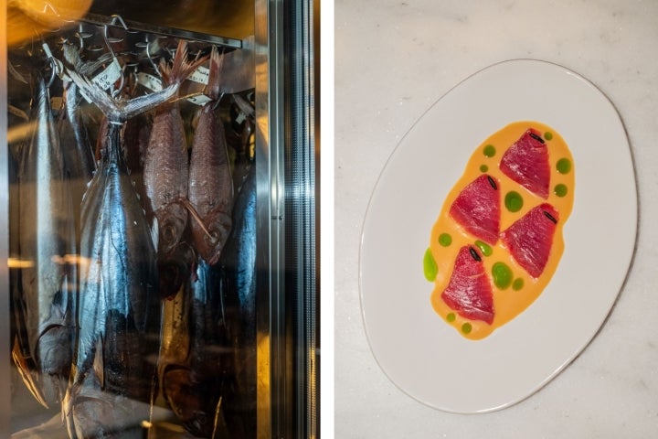 O bonito com miso e óleo de cebolinho começa na câmara de maturação