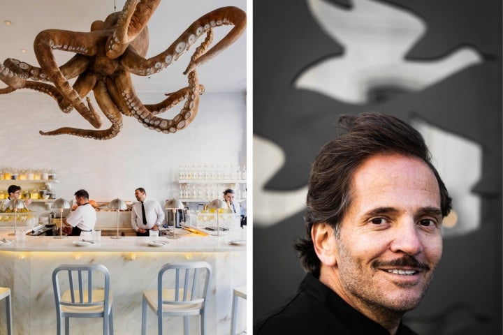 O polvo pendurado na Cevicheria, de Kiko Martins, é quase tão famoso quanto os pratos servidos à mesa e ao balcão. Para o chef de 46 anos, este é um dos restaurantes onde gosta mais de estar