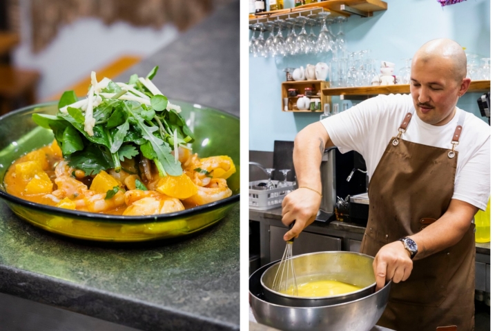 O camarão ao alho não é completamente tradicional: servido no ponto, com uma salada de rúcula e laranja 