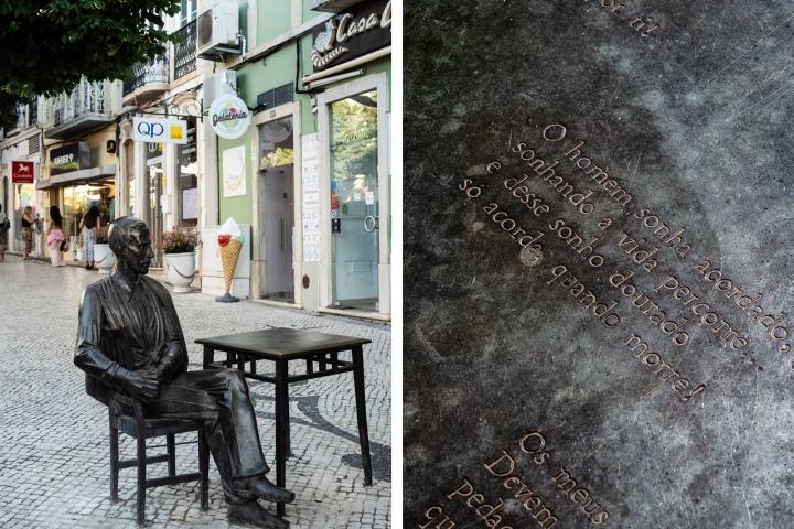 A estátua do poeta António Aleixo à porta do Café Calcinha, de Lagoa Henriques, o mesmo autor do Fernando Pessoa d’A Brasileira, no Chiado 