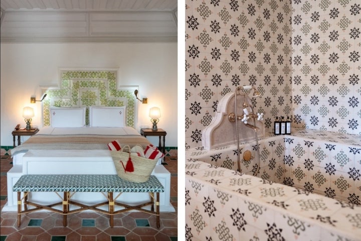 A decoração em azulejos, do chão aos painéis no quarto, foram uma das preocupações. Os padrões foram criados pela Fábrica de Azulejos de Azeitão