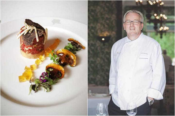 Un plato de Jardín de Lutz, en el hotel Finca Cortesín, y retrato de Lutz Bösing, chef del restaurante