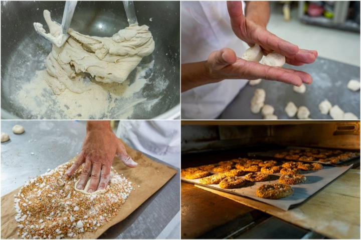 El proceso de los bollos de aceite, con el amasado y el horneado.