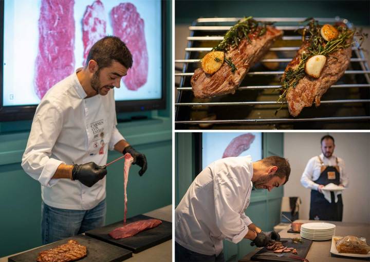 Héctor muestra el tendón que hay que sacarle a la llana para hacerla a la parrilla.