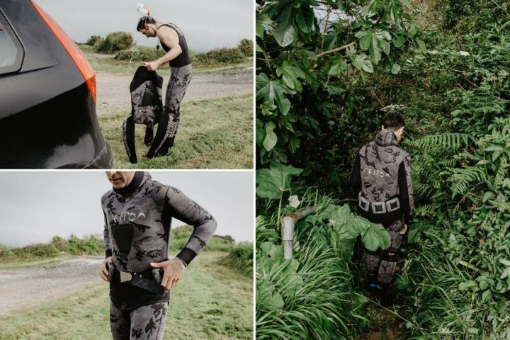 Poniéndose su uniforme para ir a faenar.