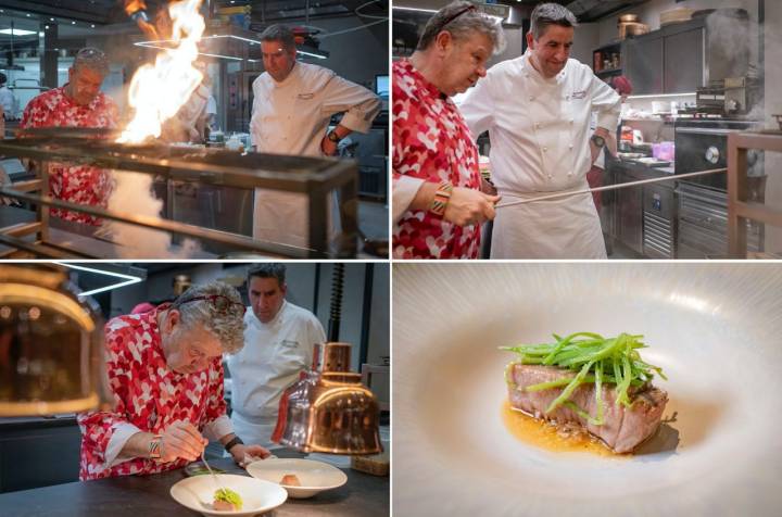 Preparación en cocina de la ventresca de atún flambadou con juliana de tirabeques. aliño ácido y picante