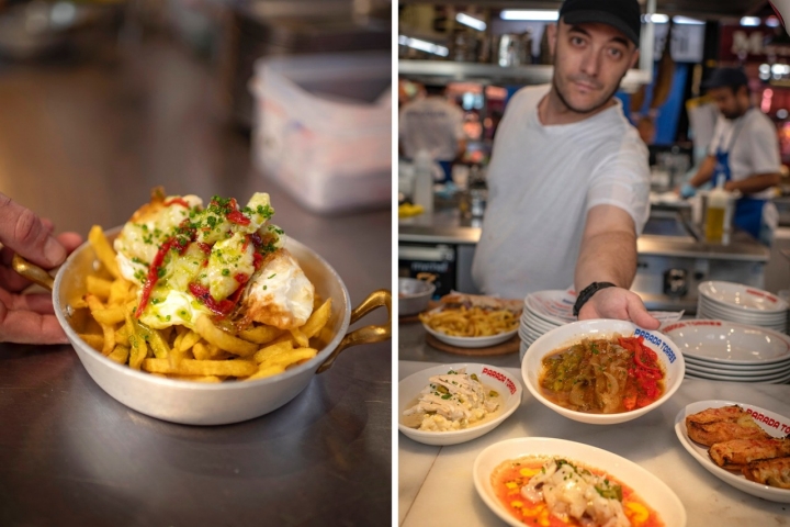 Migas de bacalao, huevo frito payes y piquillo; ensaladilla rusa de lubina en escabeche; esqueixada tradicional y escalibada a la brasa de carbón vegetal.