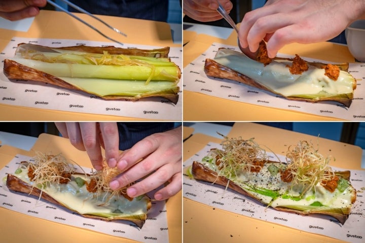 Fuera de carta:NUESTRO PUERRO: LA OPCIÓN VEGANA8 texturas y sabores con un único puerro.CremaCrujienteCaviarQuemadoCenizaCaramelizadoAceiteGermen de puerro