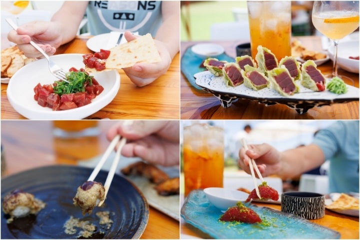 Selección de platos y sushis de atún del chiringuito Chinini en Chipiona.