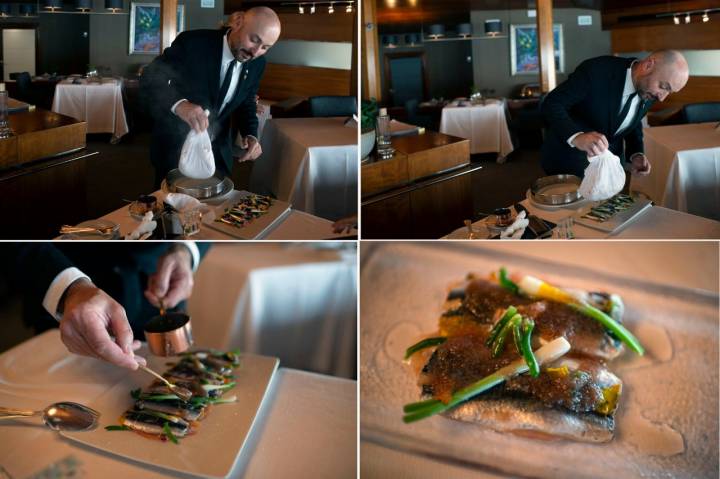 Anchoas a la sal de Añana, que se presentan en crudo y se elaboran en la mesa.