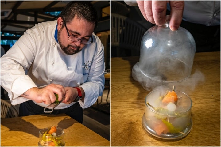 Presentando la gilda de trucha ahumada de La Alcarria.