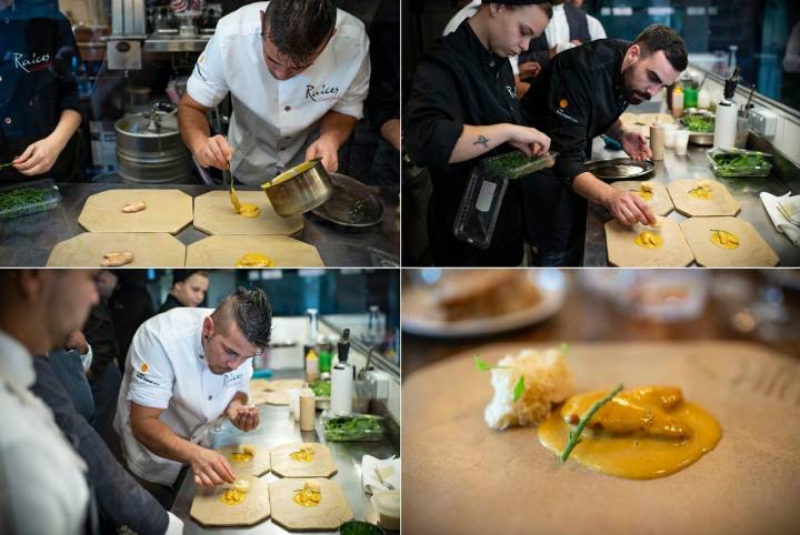 Preparando el plato de cocochas de bacalao con crema de 'foie'.