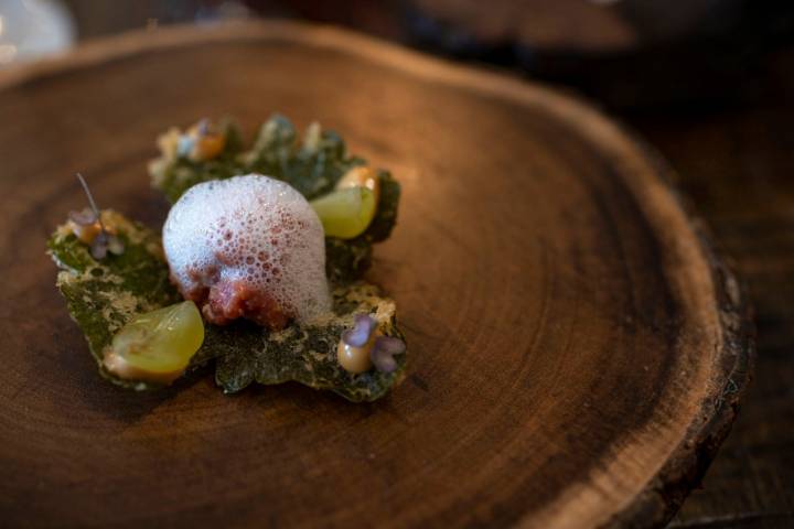 Tartar de vaca sobre hoja de parra con y emulsión de soja