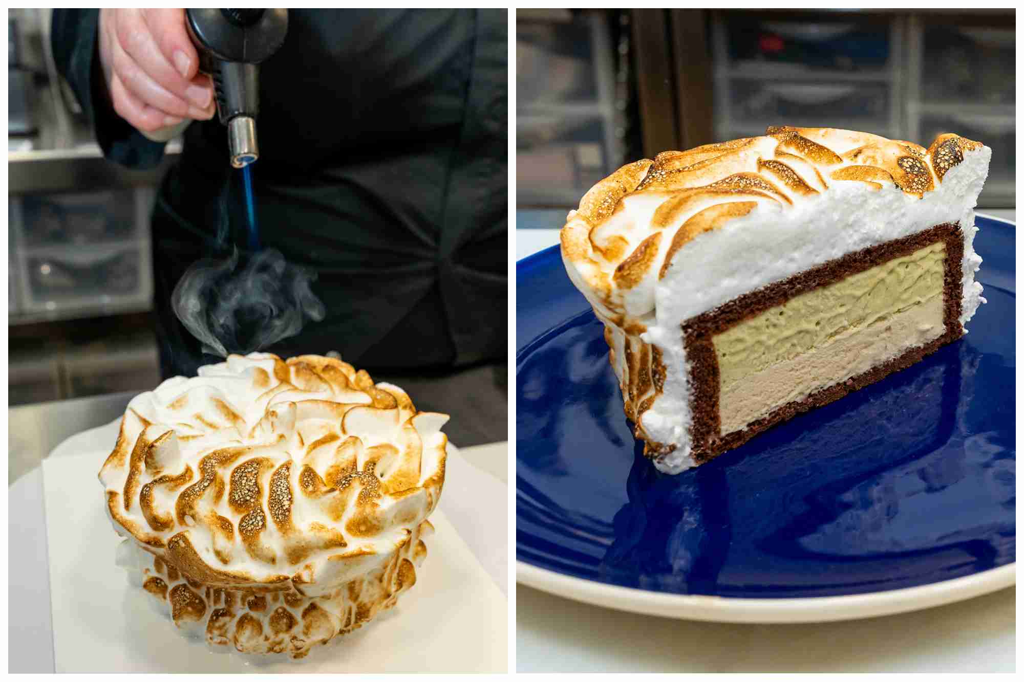 Tarta Alaska: bizcocho de cacao con helado, cubiertos por un merengue terminado con soplete.