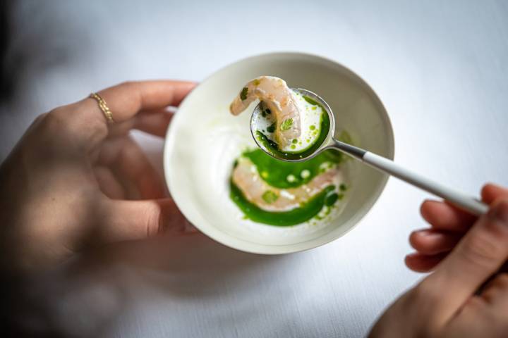 La gamba blanca de Tarragona homenajea a las de Huelva, la costa del chef, y se sirve con crema de 'raifort' y aceite de perifollo.