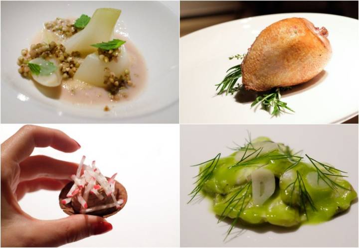 Restaurante 'Alma' (Pamplona) - Platos: Cebollas confitadas con trigo sarraceno y caldo de manitas; pechuga de pichón; 'parfait' de pichón sobre tartaleta de algarroba y cocochas con eneldo.