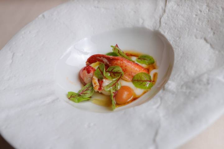 Ensalada de bogavante y crema de coliflor.