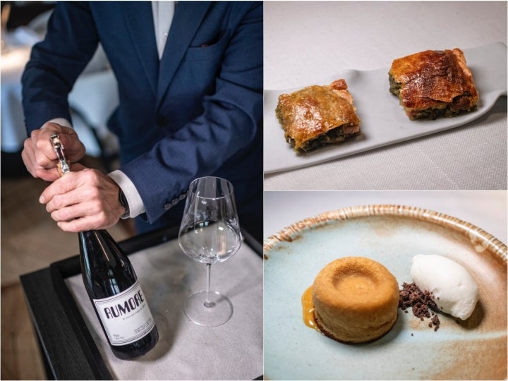 Vino, empanada y postre del restaurante Bancal (Madrid).