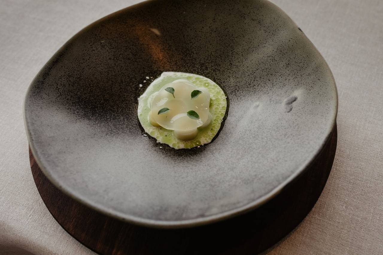 Corazones de puerro, gelatina de coles fermentadas, leche de almendra con aceite de eneldo y hojitas de 'lourego'.