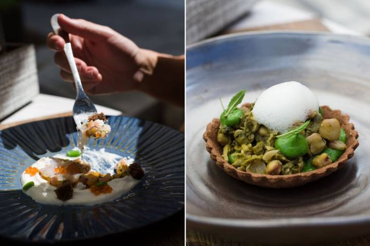 Restaurante 'Es Ventall': tartar de tomate con cigala ibicenca, habas baby y crema de almendra; y cuinat