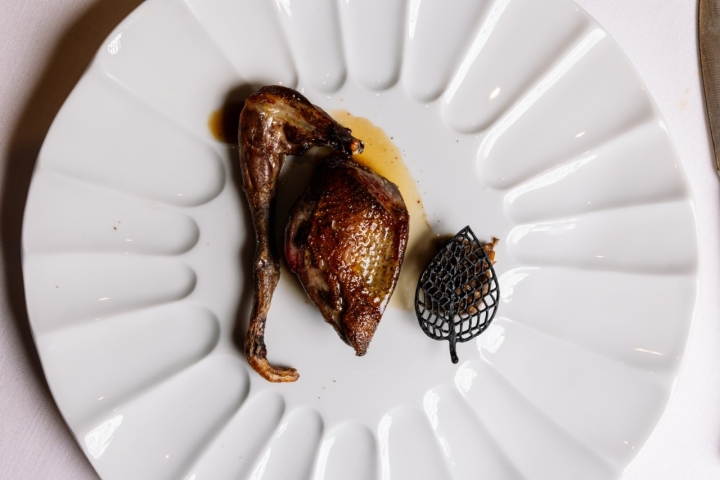 Pichón de Souraide con ragout de interiores y jugo de mole.