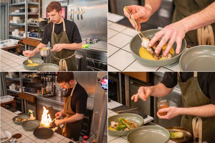 Preparando el plato de corvina, ají amarillo y pak choi.