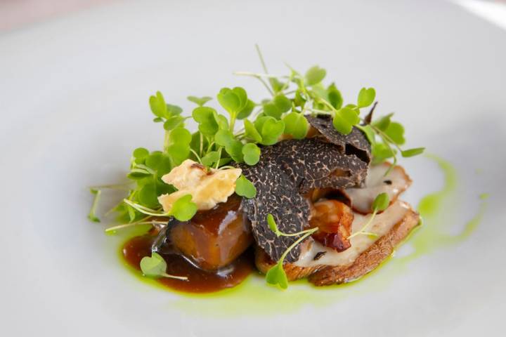 Berenjena con puré de boletus y hongos.