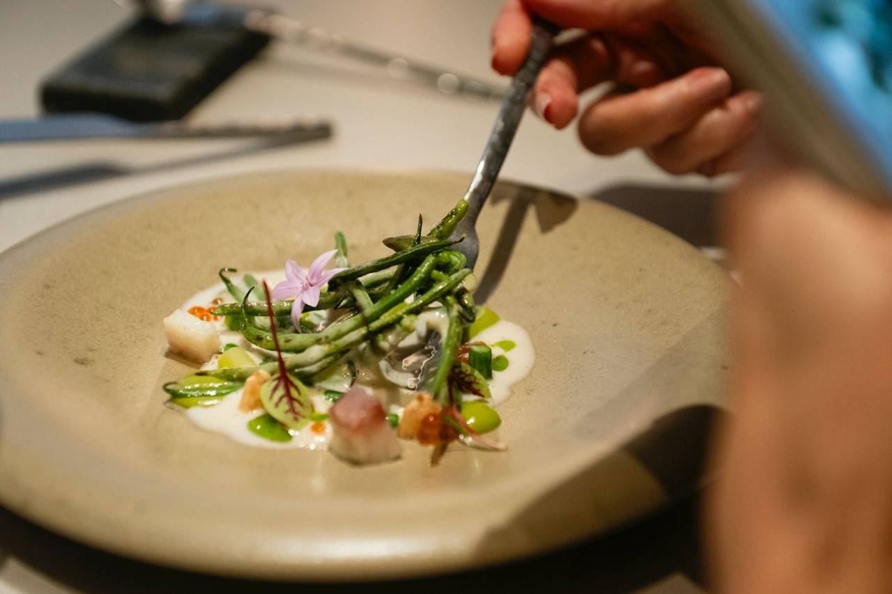 Judías verdes del Maresme, espárrago verde, crema de leche, coco, anguila ahumada y suave pesto de cilantro.