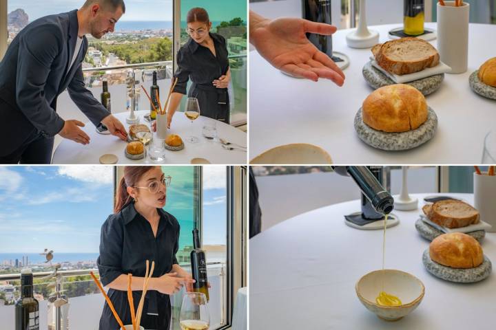 Servicio de los panes y aceites del restaurante 'Orobianco' (Calpe).