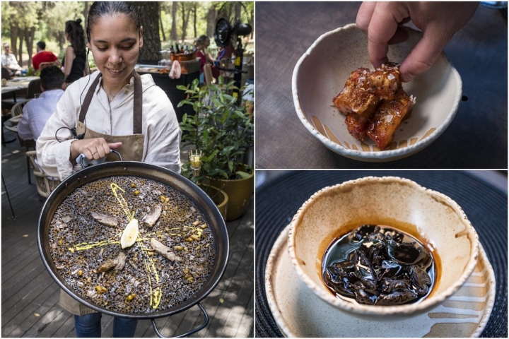 El arroz negro con parpatana de atún (izq.) y los aperitivos de torreznos con salsa 'bbq' coreana y las 'shitake' confitadas