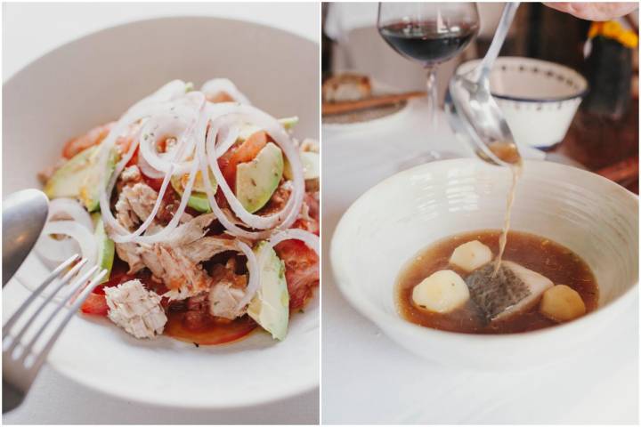 Tomate aliñado con conserva de atún casera y lomo de bacalao confitado con consomé de camarón soldado.