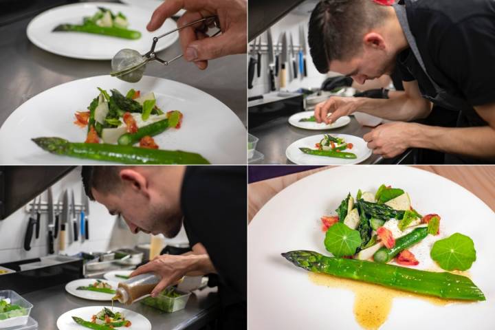 Aitor preparando Esparragos verdes, yogurt cítrico y vinagreta de limón y vainilla.