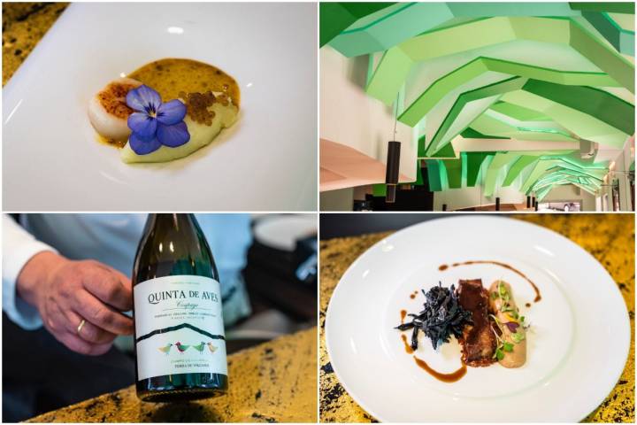 El restaurante está decorado como si fuera una palmera. En los platos: yema de huevo trufada con vieira y manitas de cerdo con turrón de hígado de pato y trompetas de la muerte.