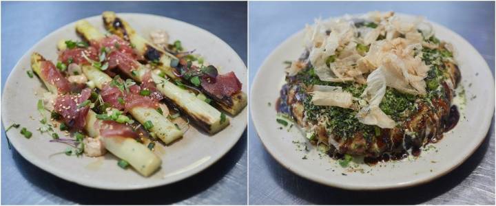 Restaurante 'El Taller'. Platos espárragos y okonomayaki.