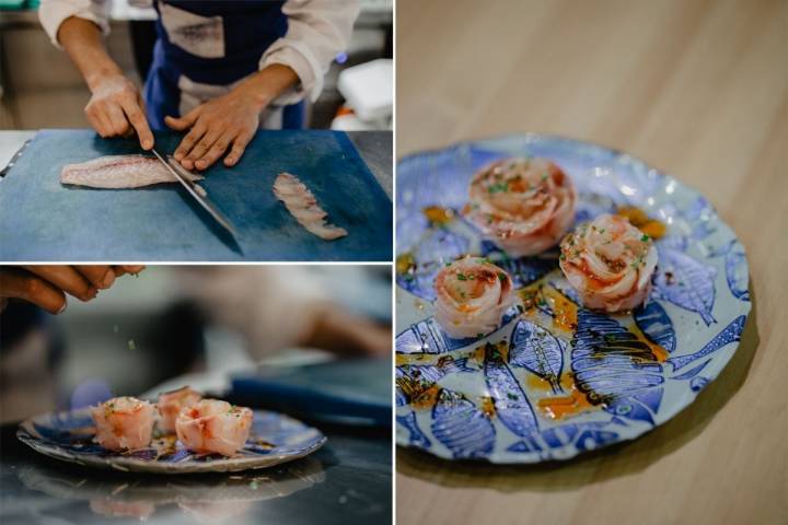 El corte, preparación y presentación del 'bicudo á feira' marinado con aceite y pimentón.