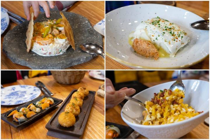 Ensaladilla de centollo, bacalao con centollo al pilpil, mejillones en escabeche de sidra, croquetas de jamón ibérico de bellota y huevos rotos.