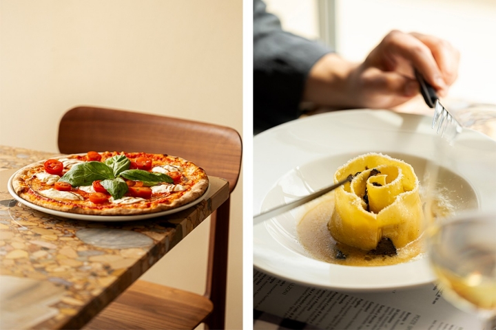 Pizza de mozzarella y straciatella, a la izquierda; y pasta Pappardelle Ripiena con Ricotta y Tartufo, a la derecha