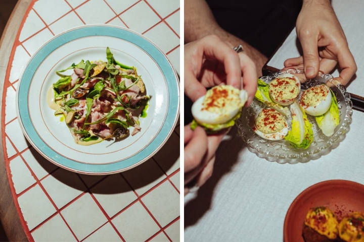'Porco Preto Tonnato' (vitel toné), izquierda, y huevo "mimosa", derecha