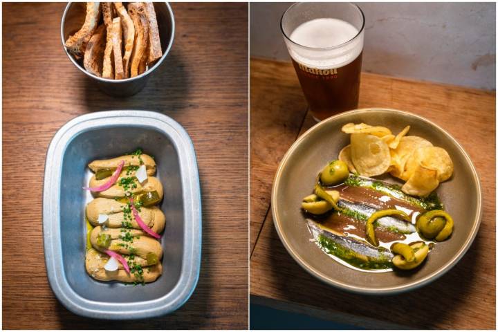 Paté de perdiz escabechada y matrimonio de boquerones, todo súper casero.