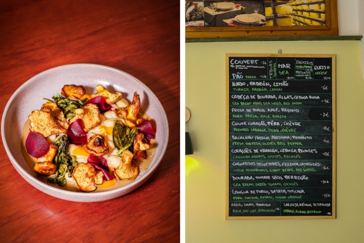 La carta se divide en grupos de tres: aperitivos, entrantes y platos principales, entre los que se incluyen las alubias con setas