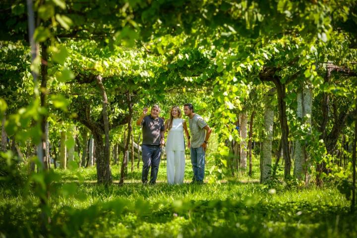 En los viñedos de Pazo A Capitana con Yayo Daporta, Isabel Blanco y Evaristo Daporta.