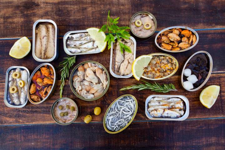 Assortment of open tin cans for a healthy dinner