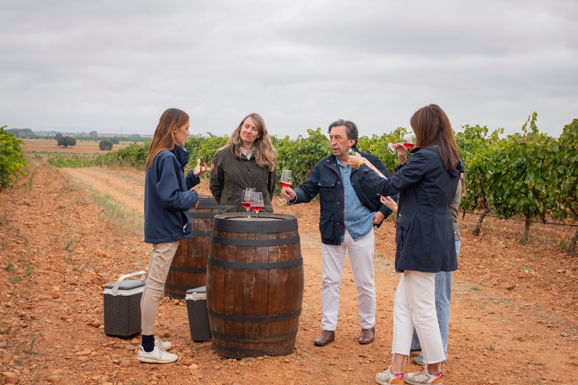 Un grupo de personas catan vino en un viñedo.