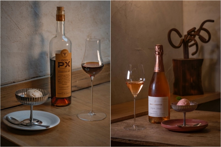 Helado de avellana con este Pedro Ximénez, Don PX 2021. Helado de fresa con el cava Josep Foraster Trepat Rosat 2022.
