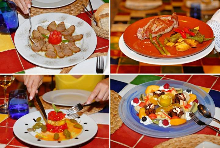 Lomo de orza, solomillo con verduras, timbal de pimientos rojos con queso de cabra y el postre: 'brownie' con tarta de queso y fruta de temporada.