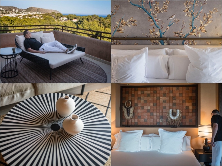 Detalles de decoración y terraza de las habitaciones del hotel Ritual de Terra (Moraira, Alicante).