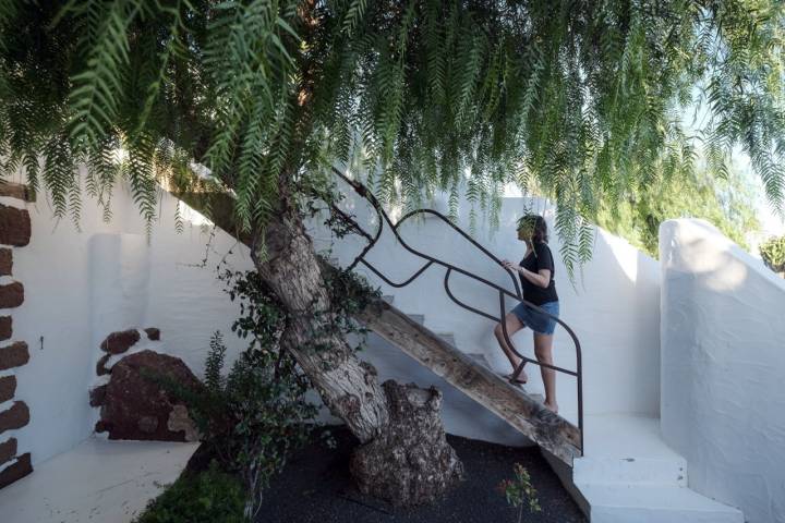 Una mujer sube por la escalera del patio de una de las villas.