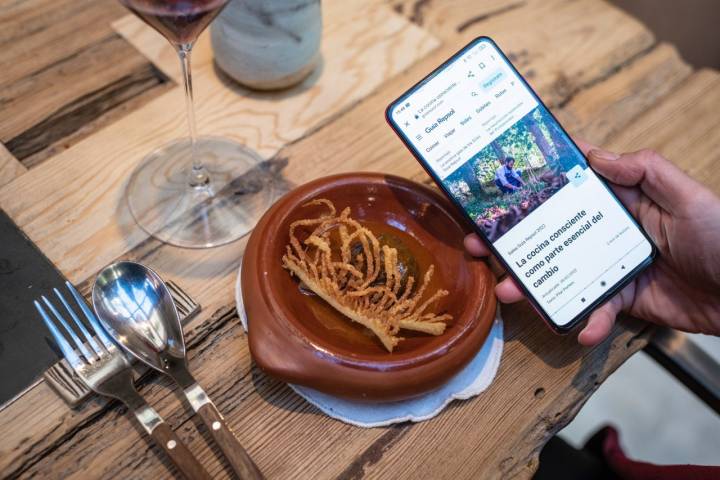 Un inspector consulta la web de Guía Repsol en su móvil mientras prueba un plato.