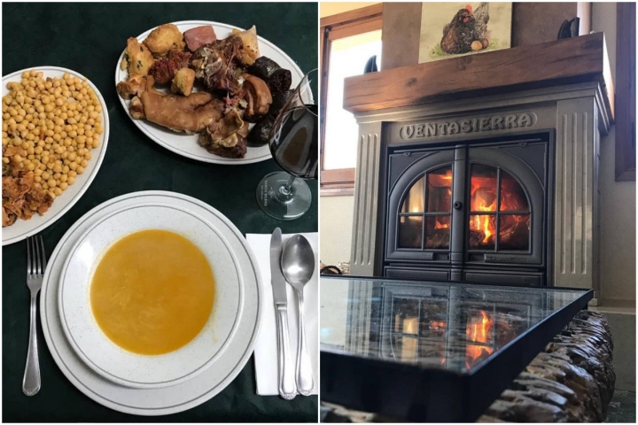 Plato de cocido y chimenea de uno de los salones