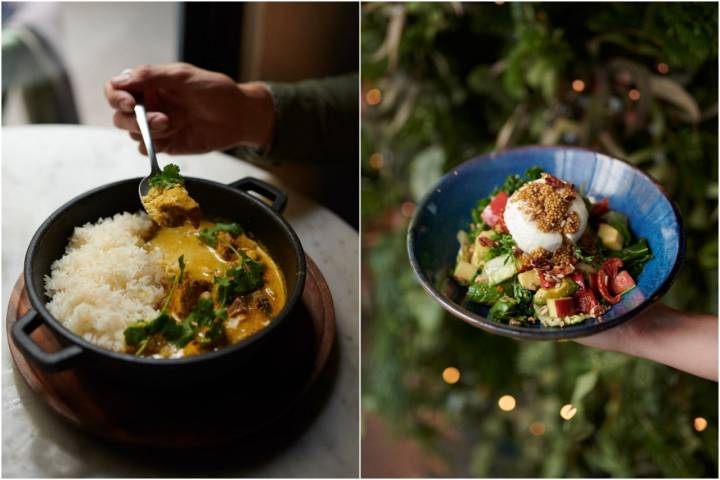 Tikka Masala con arroz jazmín y ensalada con rúcula y queso de cabra. Foto: ‘Les Filles Café’